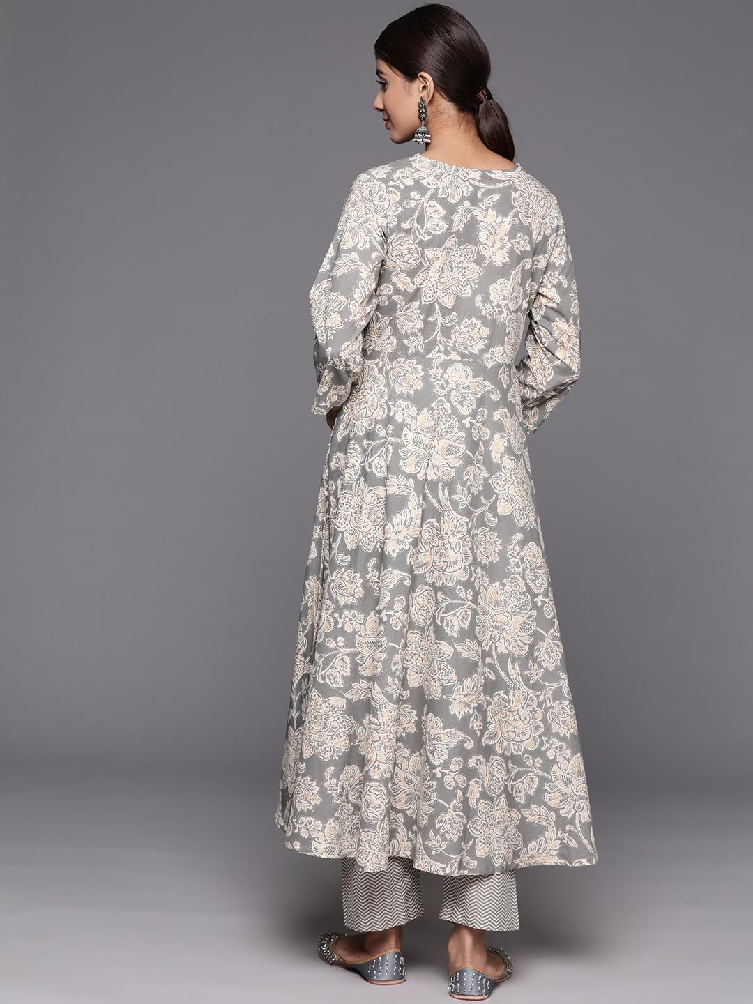 Varanga Women Grey Floral Printed Angrakha Style Anarkali Kurta Paired with Printed Bottom.