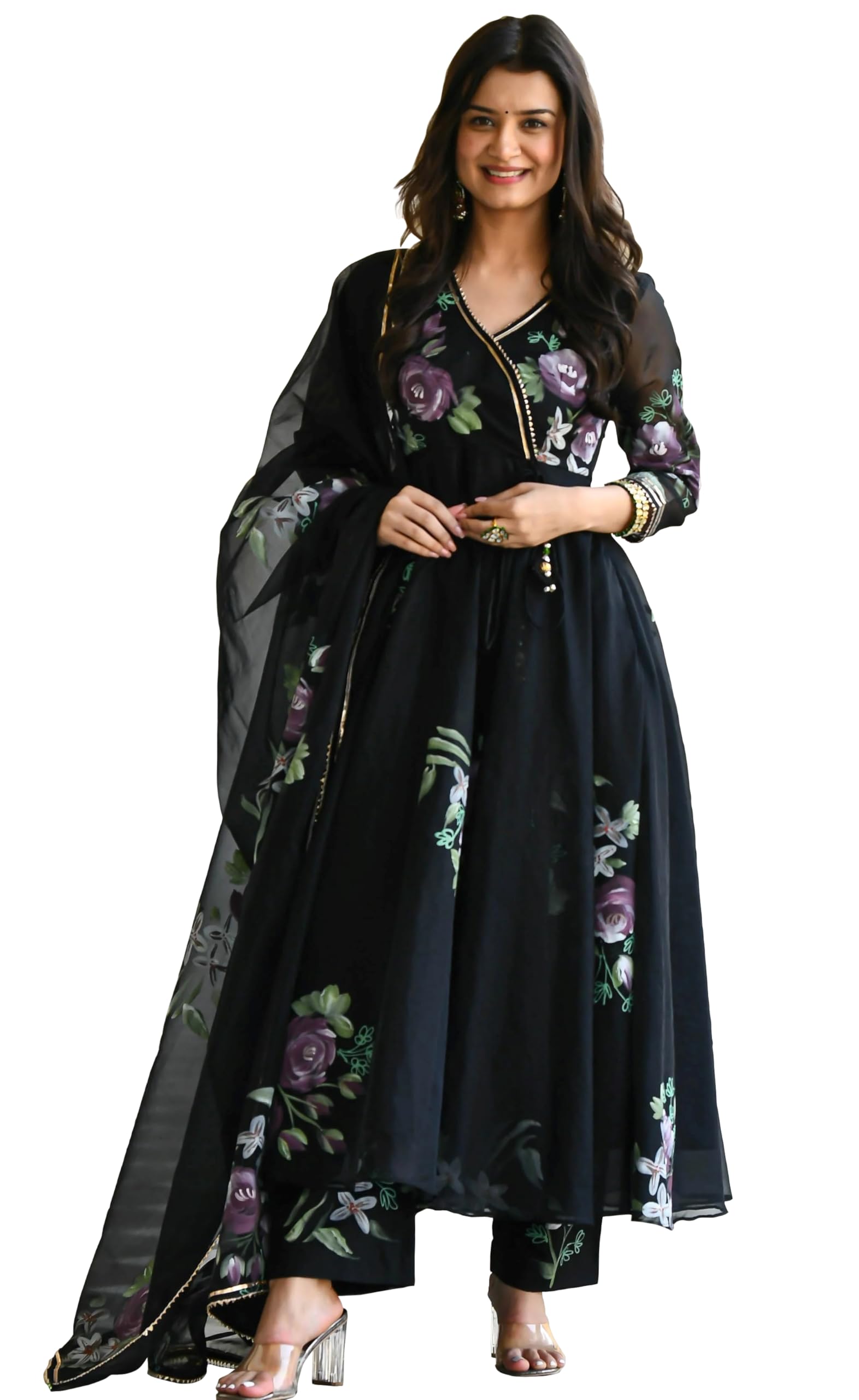 Sugathari Womens Black Georgette Anarkali Floral Printed Kurta with Pant & Dupatta (Dress 113 Black L)
