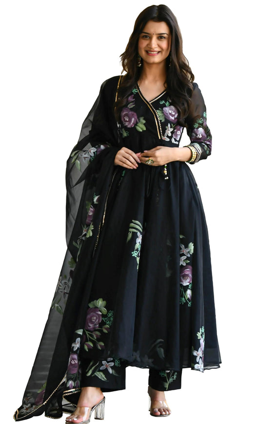 Sugathari Womens Black Georgette Anarkali Floral Printed Kurta with Pant & Dupatta (Dress 113 Black L)