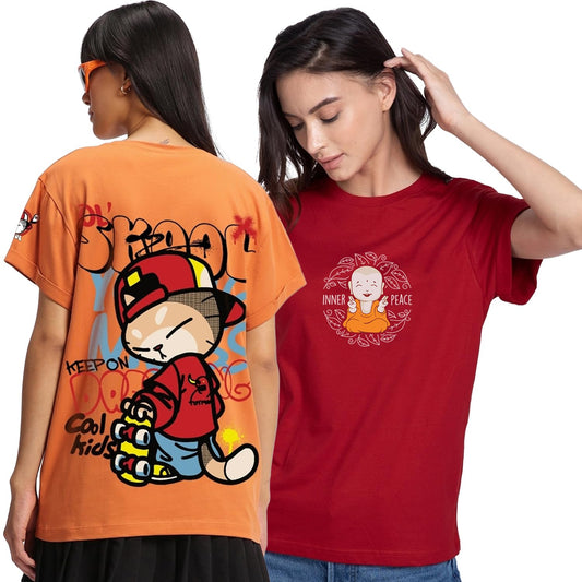 Bewakoof Pack Of 2 WomenS Graphic Printed Boyfriend Fit Half Sleeve Round Neck Pure Cotton T-Shirt_1500800_Red_Xs