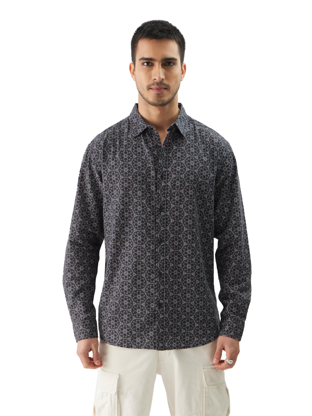 The Souled Store Hortensia Men and Boys Long Sleeve Collared Neck Button Front Grey All Over Print Cotton Relaxed Fit Shirts Shi