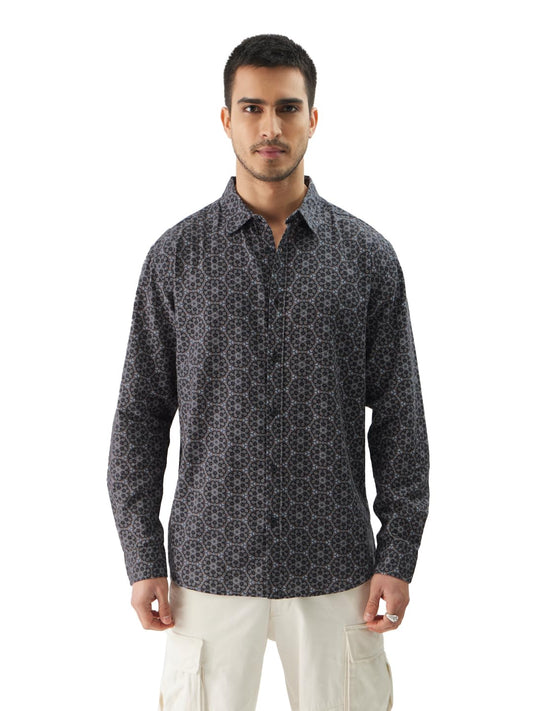 The Souled Store Hortensia Men and Boys Long Sleeve Collared Neck Button Front Grey All Over Print Cotton Relaxed Fit Shirts Shi