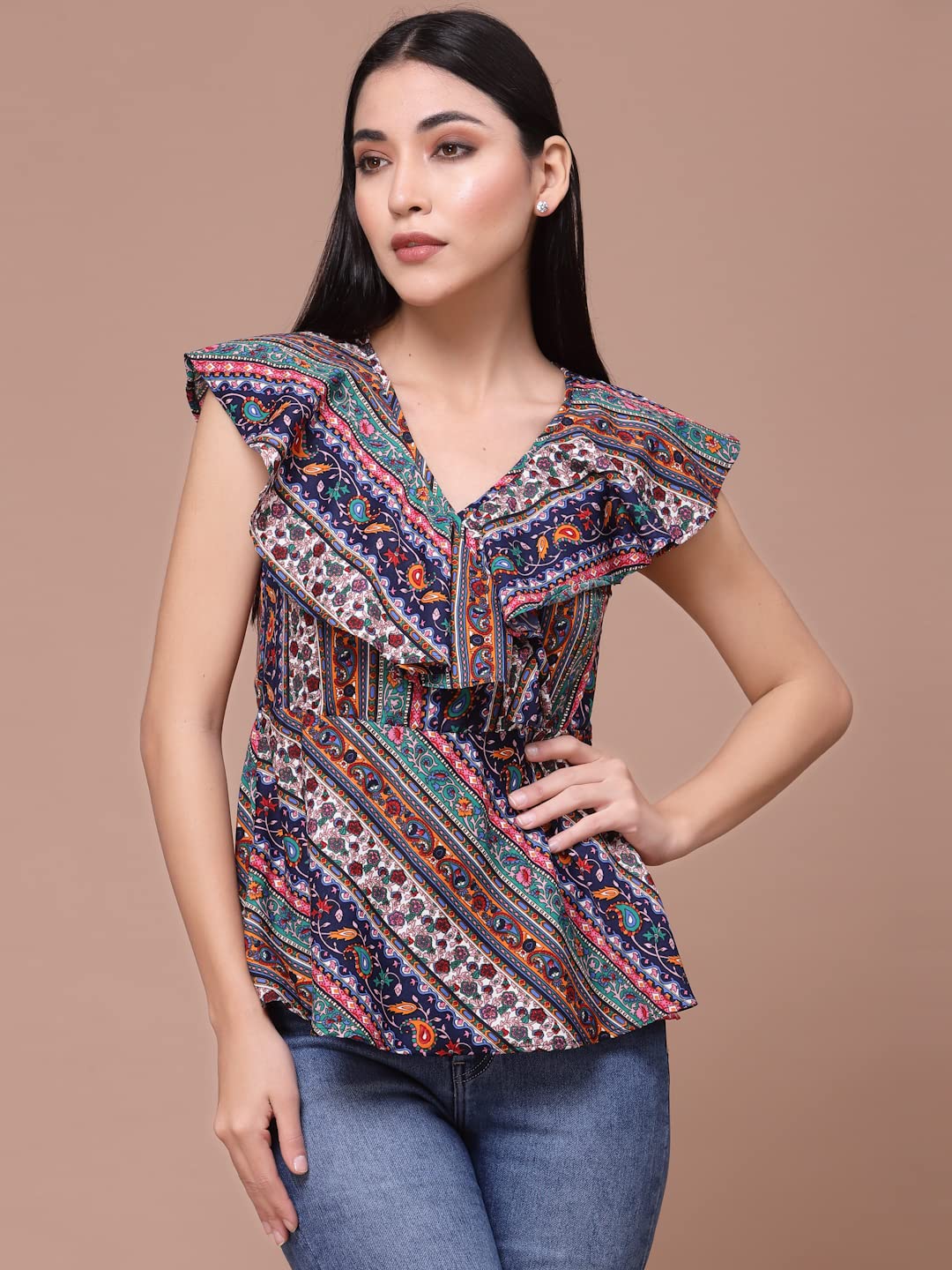 OOMPH! Womens Crepe Printed top with V-Neck and Ruffle Sleeve