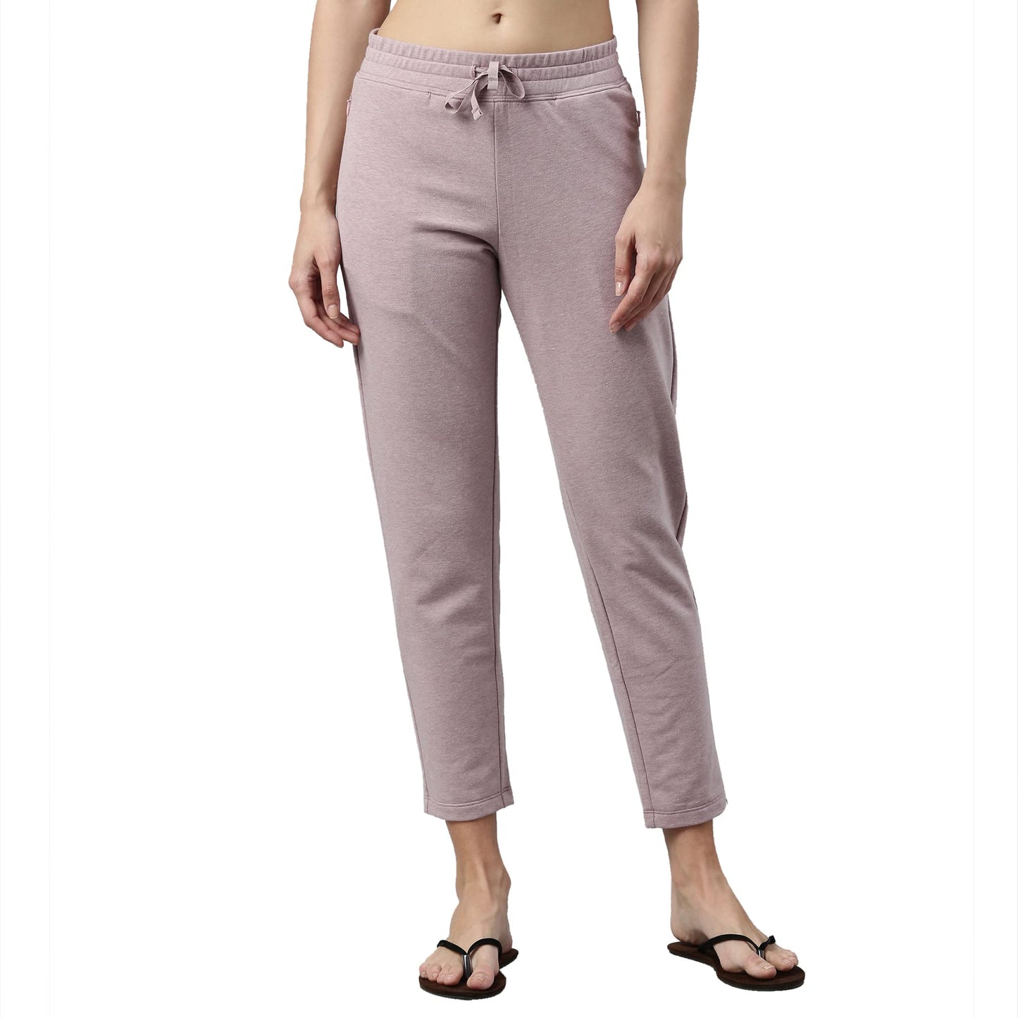 Enamor Essentials Womens Slim Fit Mid Rise Cotton French Terry Ankle Length Lounge Pants with Wide Waistband Drawstring & Side P