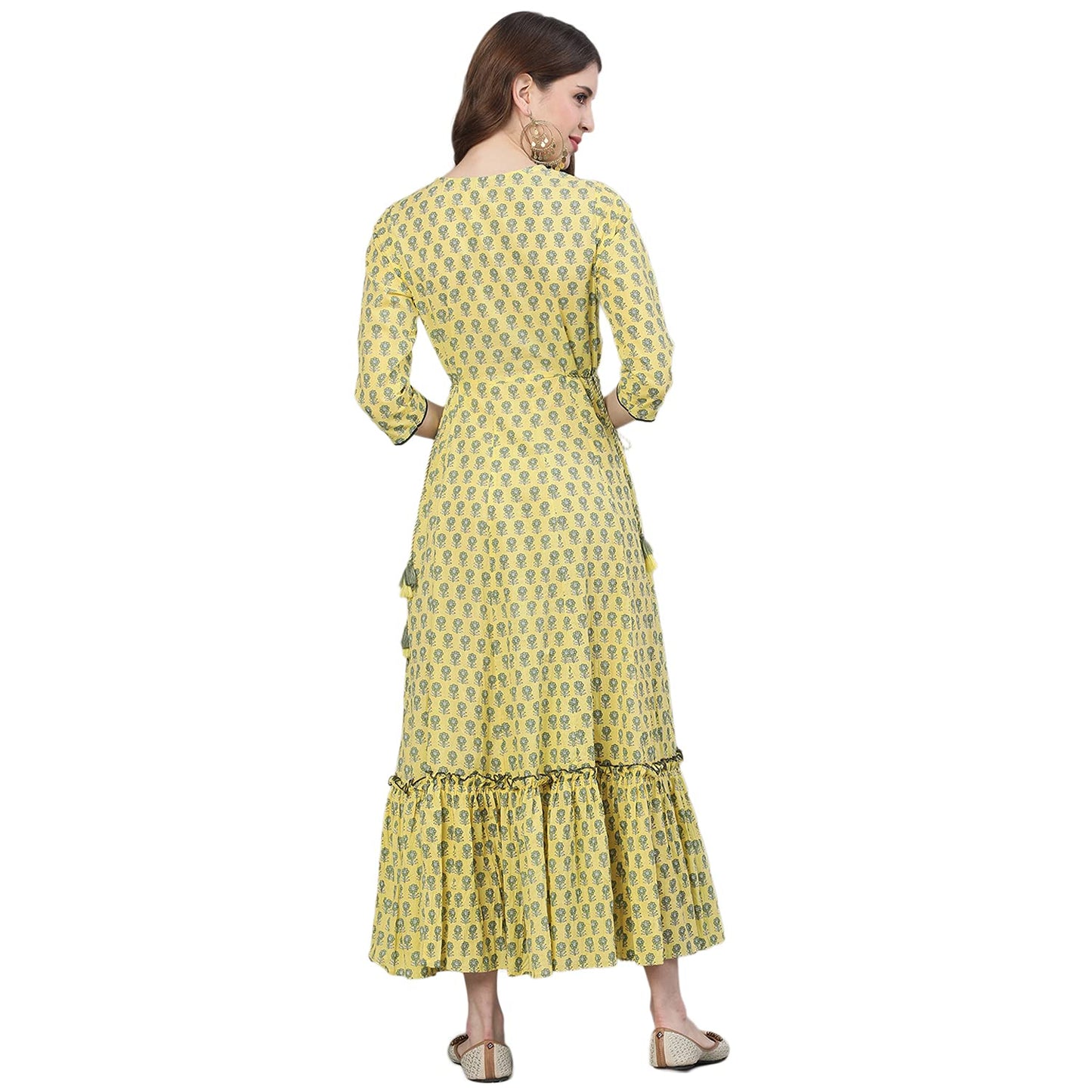 ishin Women's Cotton Yellow Sequinned Embroidered Anarkali Kurta