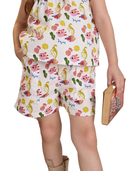 The Souled Store Little Fishy Girls Buttoned White All Over Printed Above The Knee Cotton Shorts