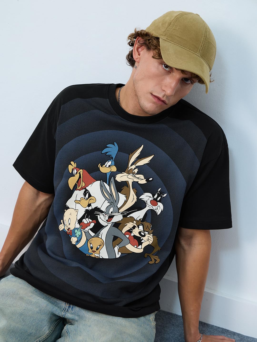 The Souled Store Looney Tunes: Going in Circles Men and Boys Short Sleeves Round Neck Black Graphic Printed Cotton Oversized T-S
