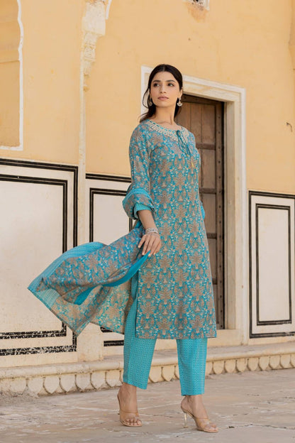 Varanga Women Blue Printed Round Neck Straight Kurta with Bottom and Dupatta