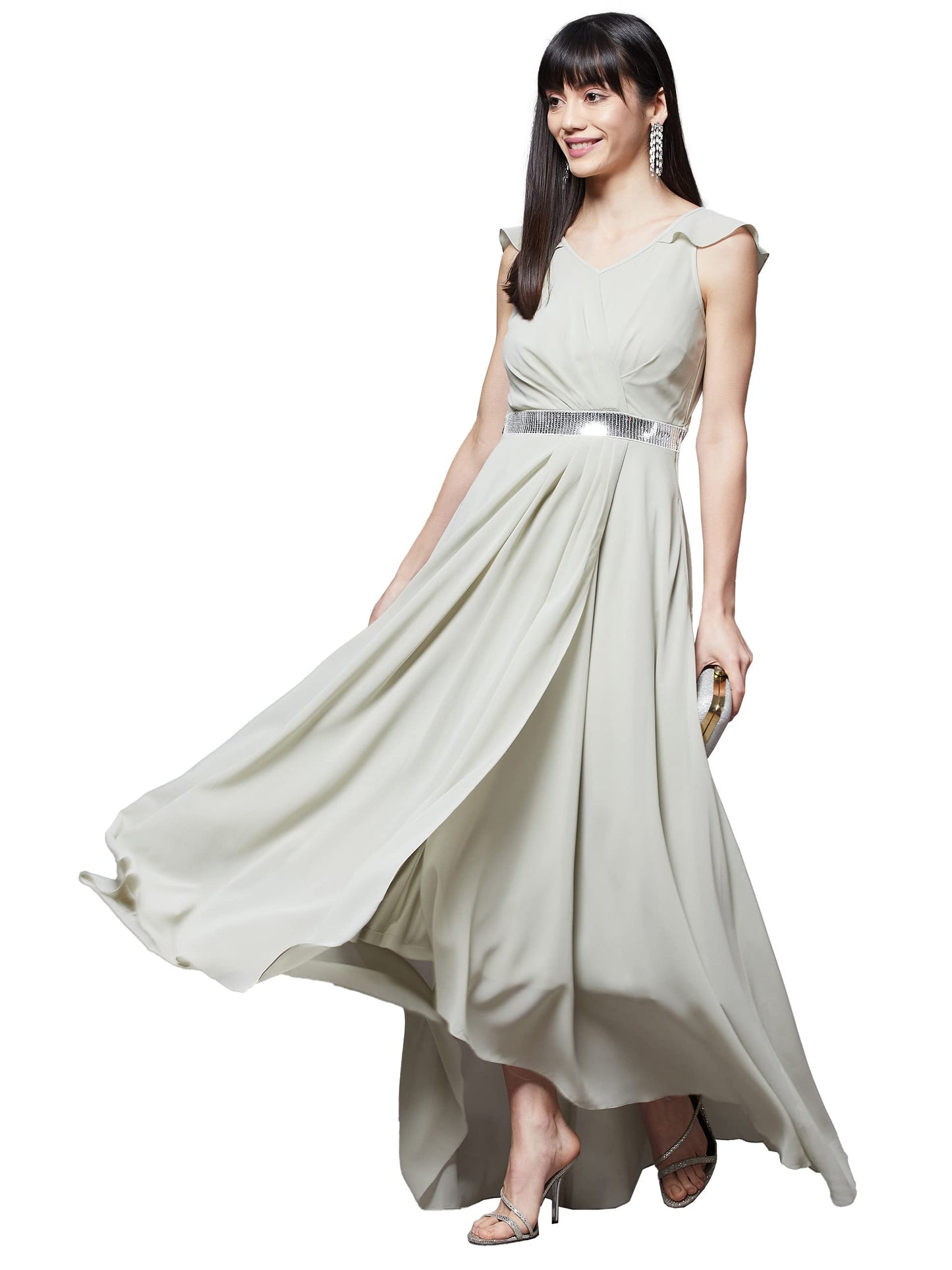 Miss Chase WomenS Dusty Green V-Neck Ruffled Sleeve Solid Embellished Maxi Dress (Mcaw21D06-17-238-06, Dusty Green, Xl)
