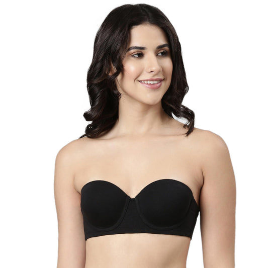 Enamor A078 Strapless Cotton Bra for Women- Full Coverage, Padded and Wired Black