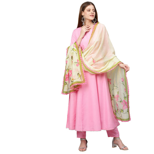 ANNI DESIGNER Womens Cotton Blend Anarkali Solid Kurta with Pant & Dupatta (Poll New01 Pink_XXL_Pink_XX-Large)