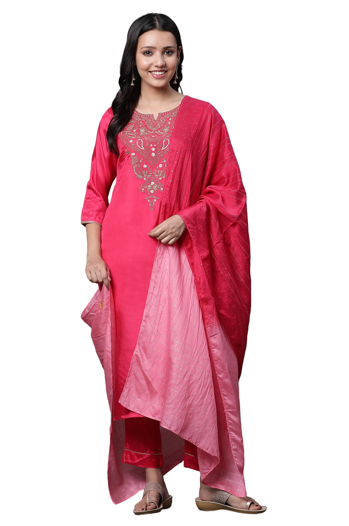 Dark Pink Dori Embroidered Kurta, Trousers And Dupatta Set