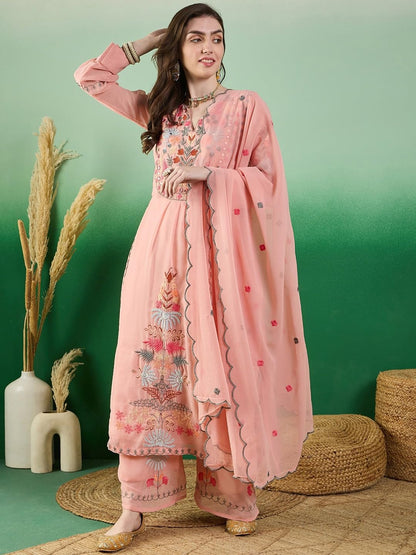 Fashion Basket Georgette Straight Floral Plazzo Kurta Set Peach