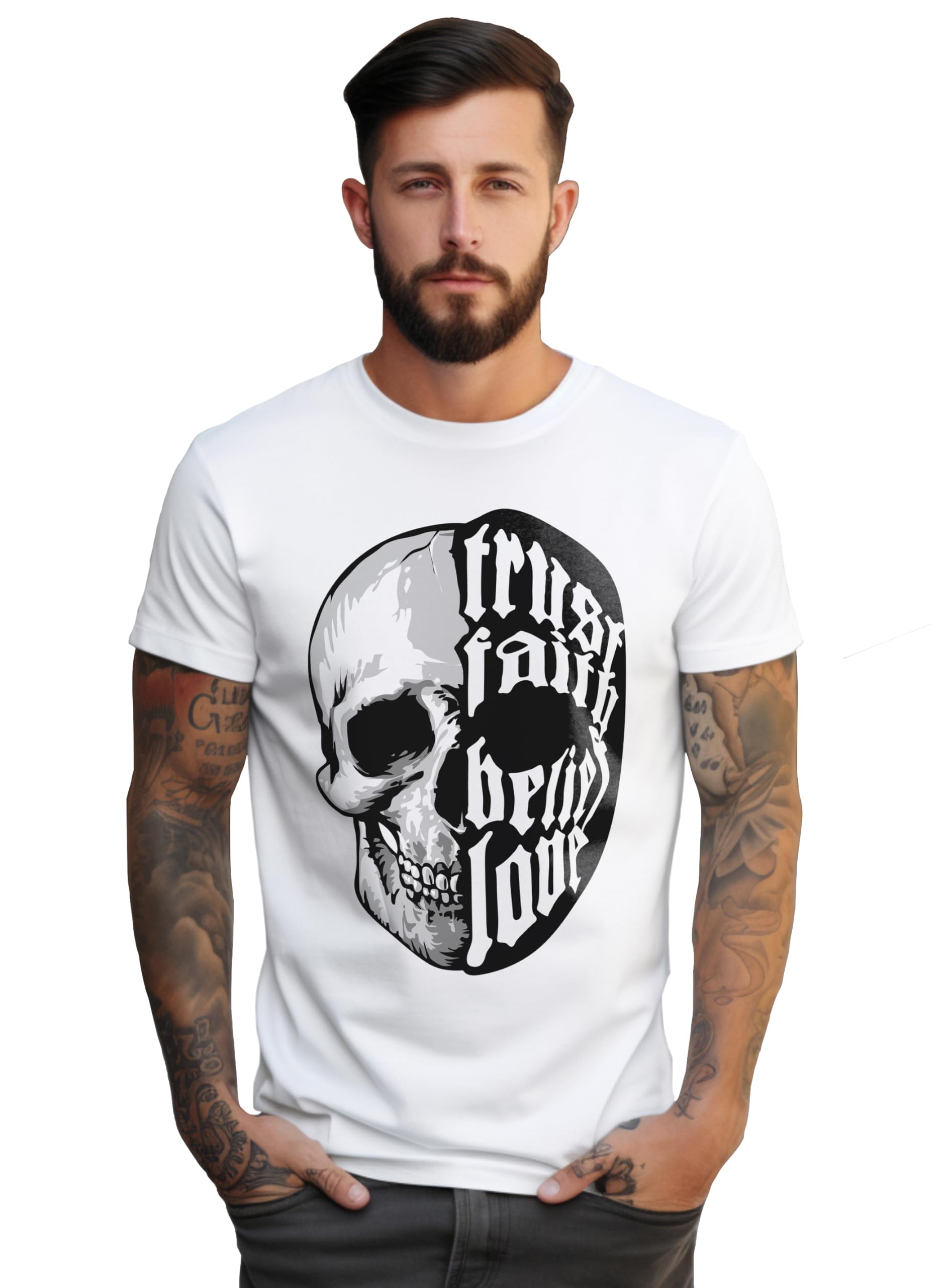 Peppyzone Mens Regular Fit T-Shirt (PZ-Skull437_White3