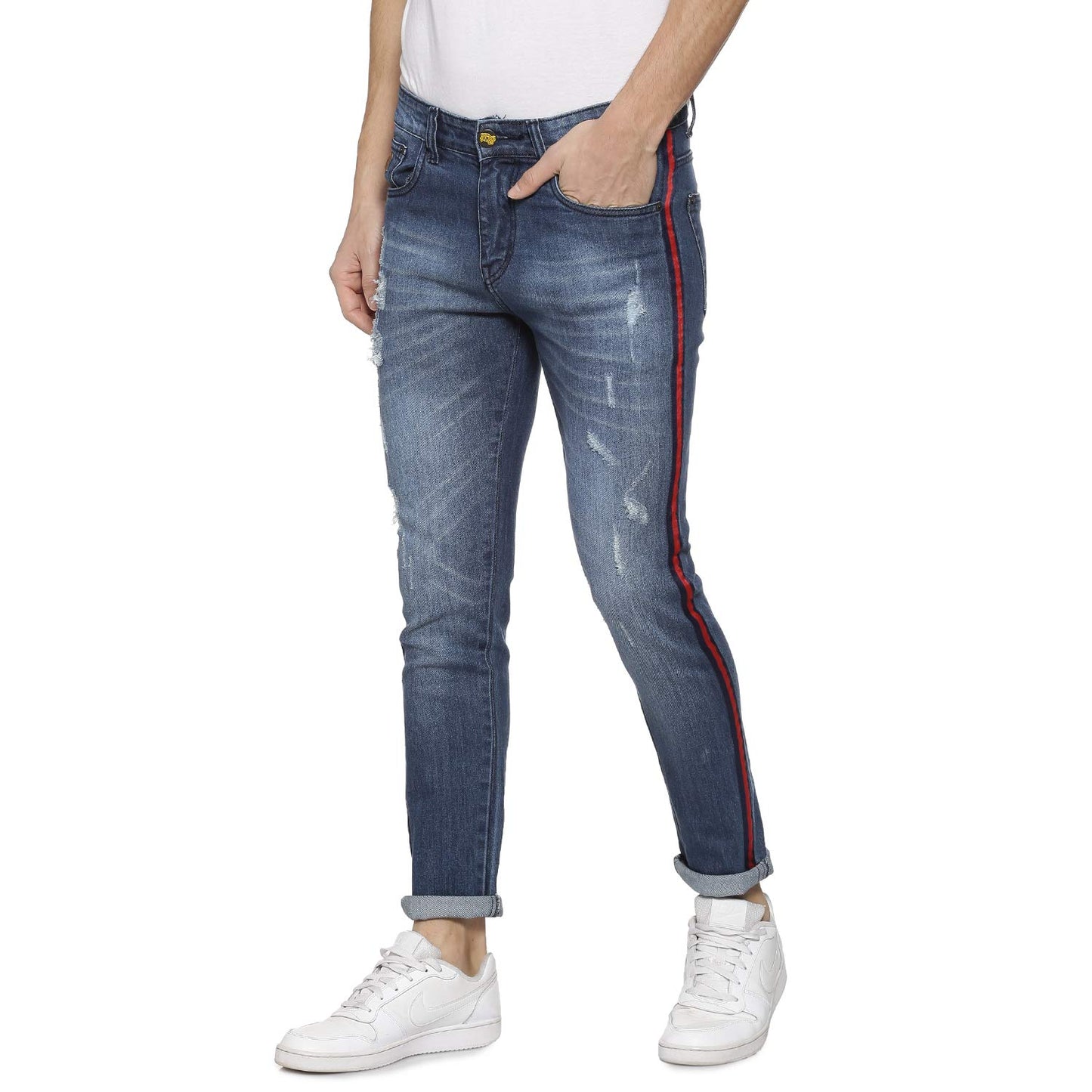Campus Sutra Mens Classic Blue Dark-Washed Distressed Side Striped Regular Fit Denim Jeans | Mid-Rise Stretchable Cotton Denim J