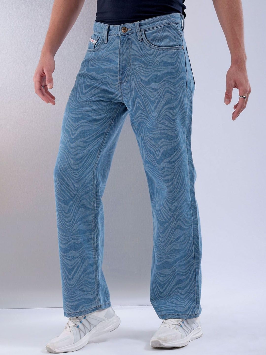 The Indian Garage Co Men Baggy Abstract Mid-Rise Stretchable Jeans Blue