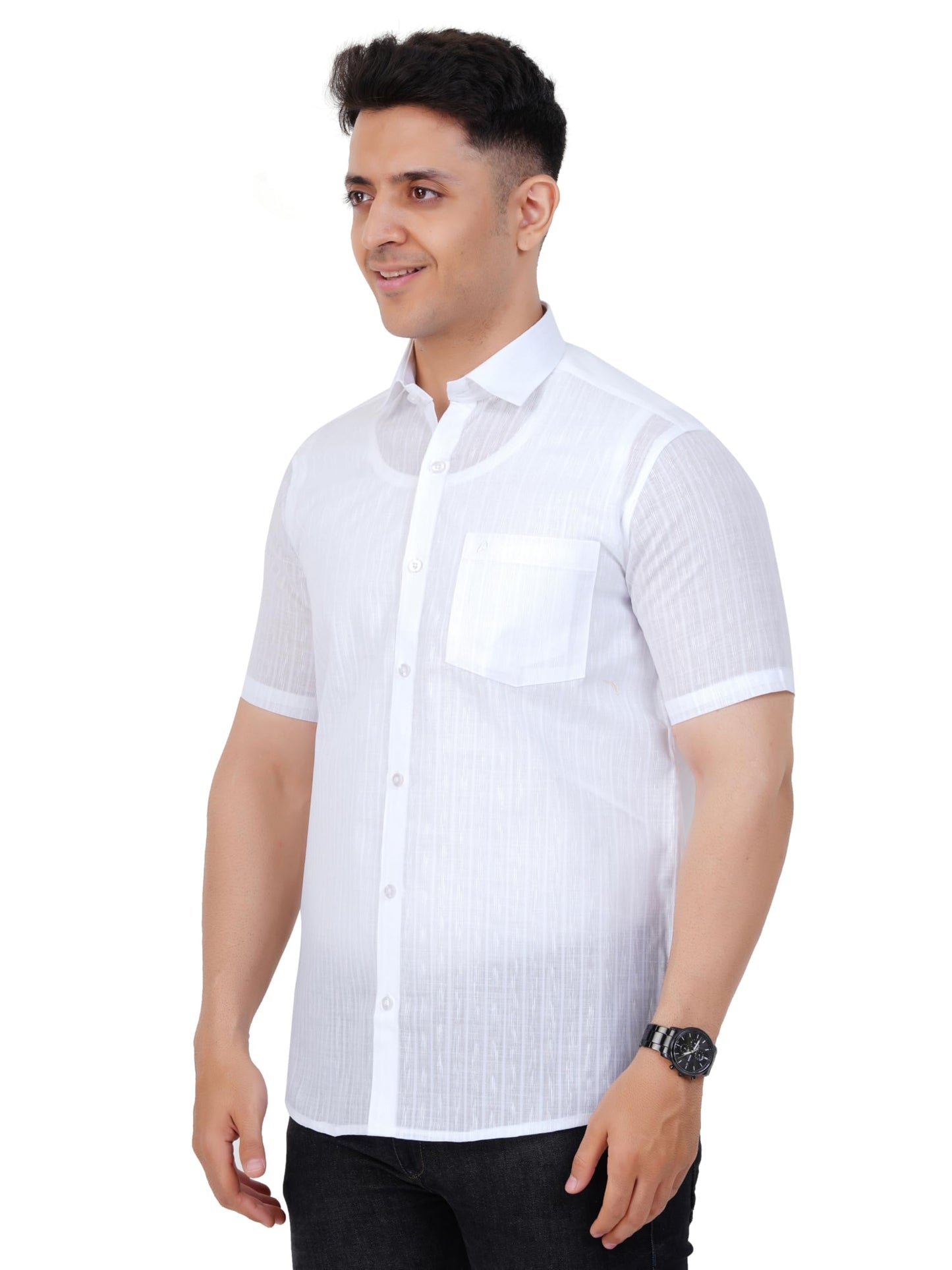 PRAKASAM COTTON Minister Cotton White Half Sleeve Shirt for Mens/Transparent Self Design Cotton White Regular Fit Shirt for Men