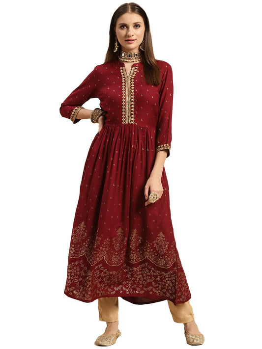 rangita Maroon Rayon Calf Length Embroidered Flared Kurti for Women | Kurta for Women