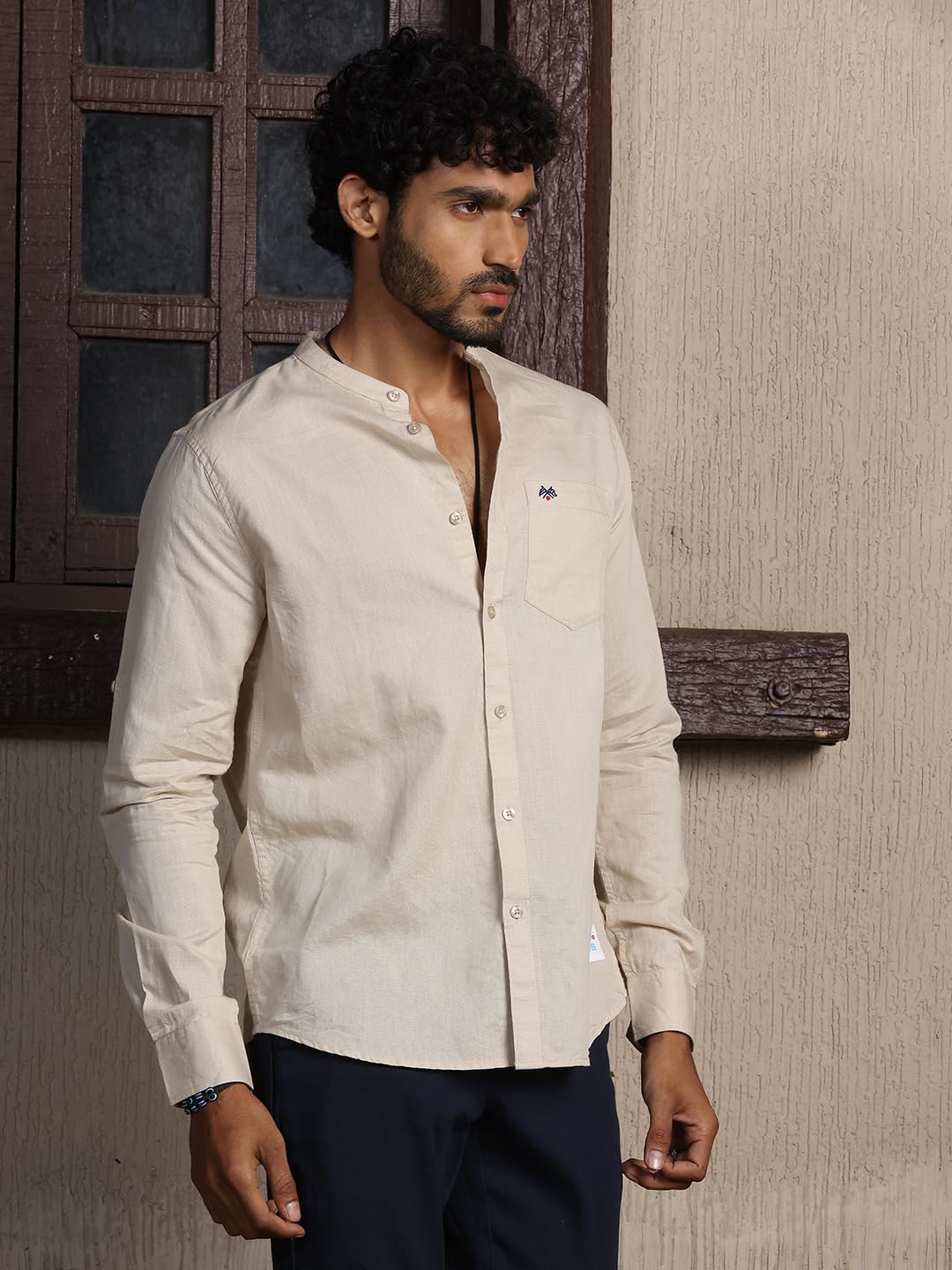 Thomas Scott 100% Cotton Linen Mandarin Collar Roll Up Sleeve Casual Shirts for Mens Beige