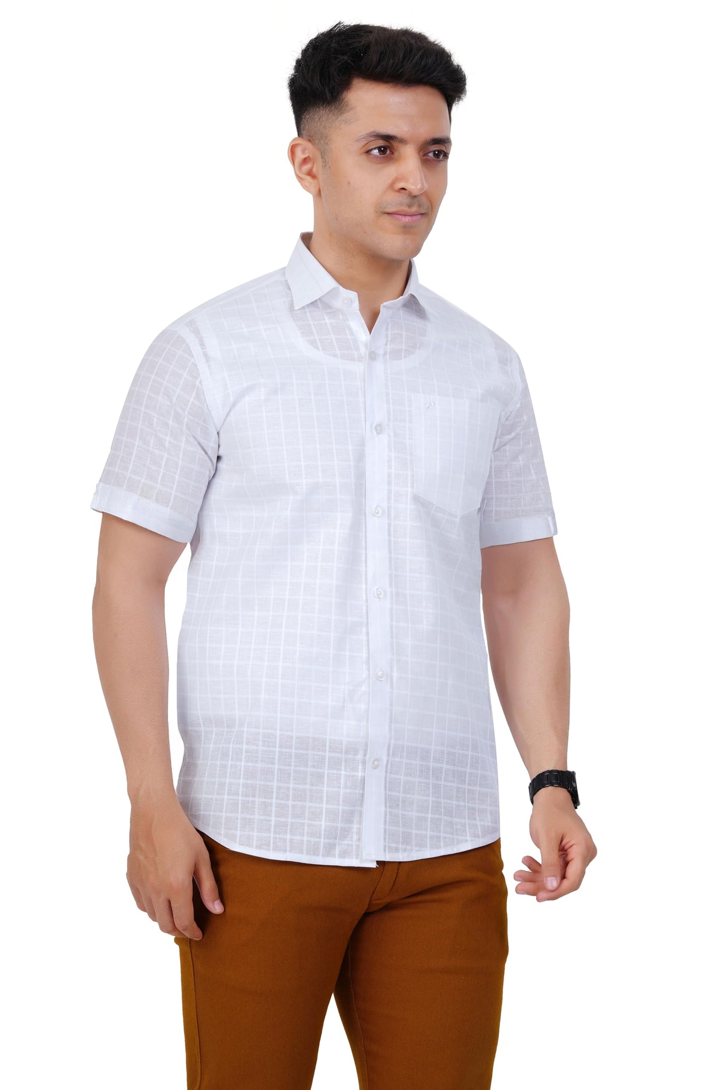 PRAKASAM COTTON Self Design Poly Cotton Moon Light White Half Sleeve Shirt for Mens/Regular Fit Half Sleeve Shirt for Mens