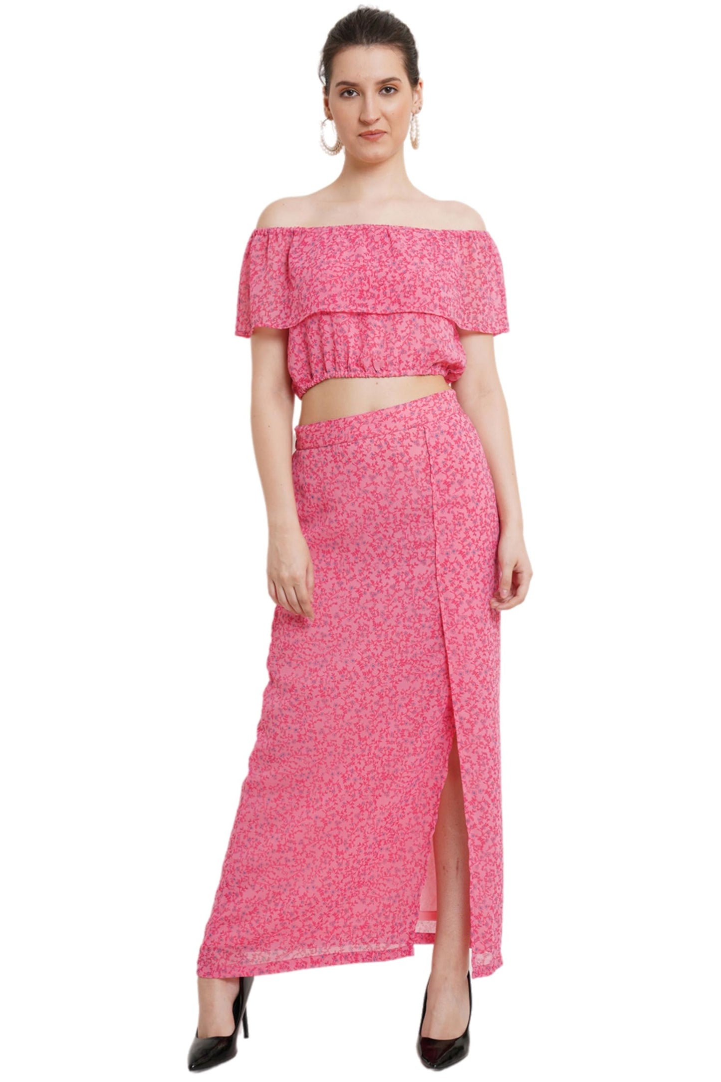 POPWINGS Casual Floral Printed Off-Shoulder Crop Top and Long Slit Skirt Set for Women | Co-Ords Set for Women Stylish Western |