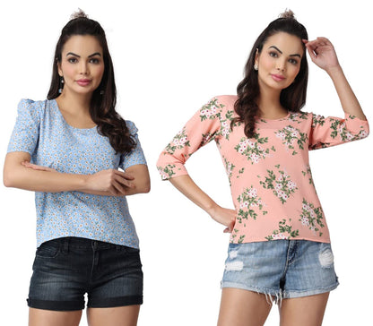 POPWINGS Casual Floral Printed Round-Neck Puff-Sleeves Tops Combo for Women