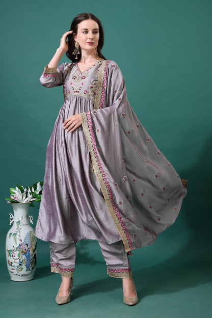 Pratham Blue WomenS Silk Embroidered Anarkali Kurta Palazzos With Dupatta |Kurta Sets For Women |Women Kurta |Women Embroidered