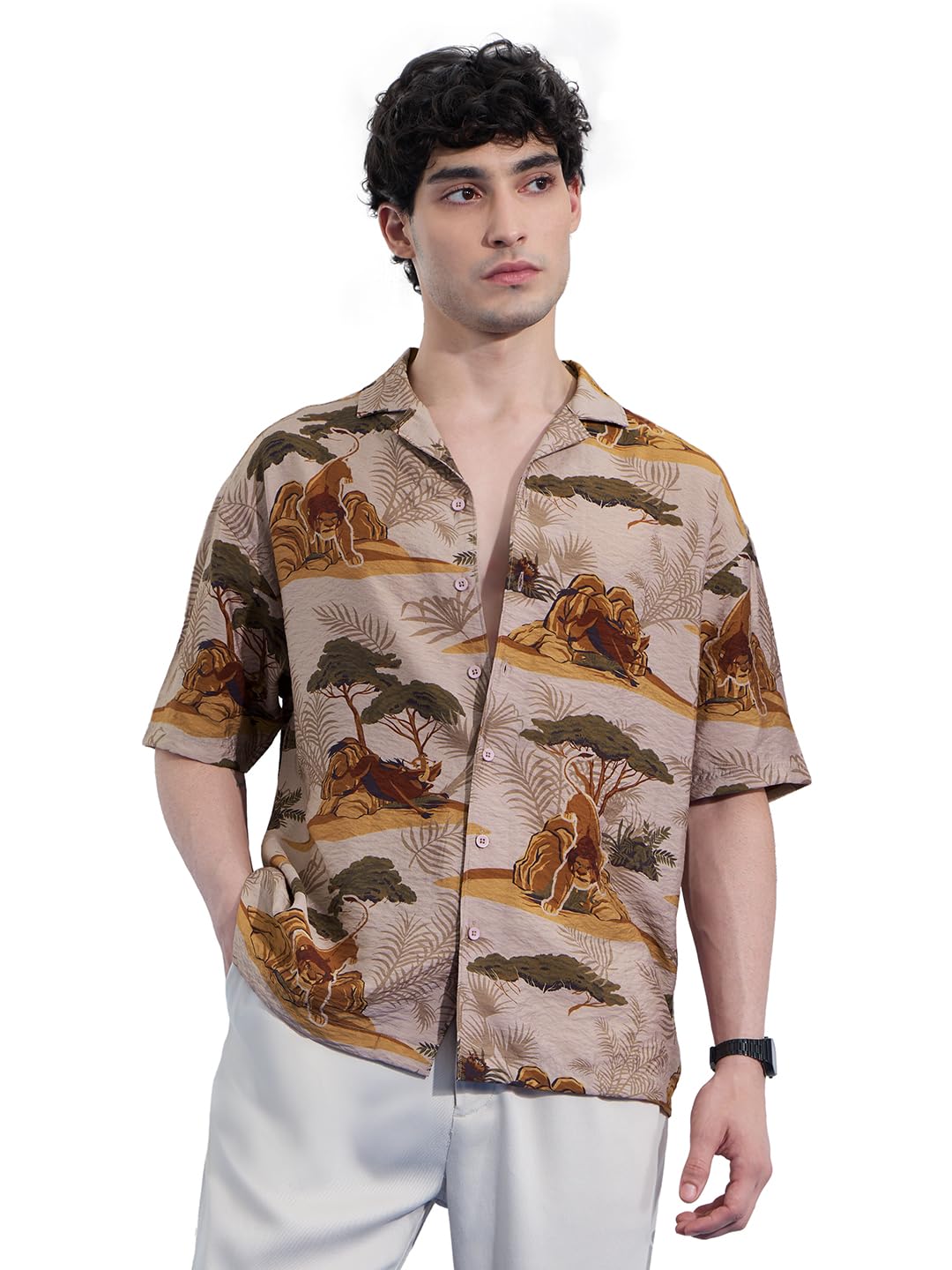The Souled Store The Lion King: Kingdom Men and Boys Short Sleeves Collared Neck Button Front Brown All Over Printed Viscose Ble