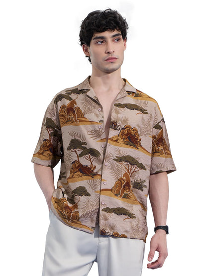 The Souled Store The Lion King: Kingdom Men and Boys Short Sleeves Collared Neck Button Front Brown All Over Printed Viscose Ble