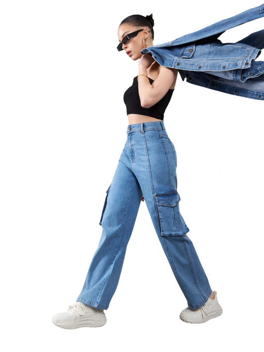 Dolce Crudo Womens Wide Leg High Rise Clean Look Regular Length Stretchable Patch Pocketed Denim Jeans (DOSS24DEN67-05-115-32, 