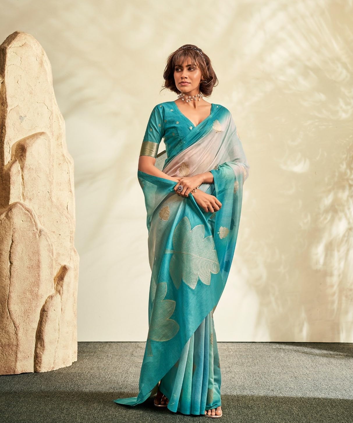 Pujia Mills WomenS Leaf Zari Woven Design With Ombre Print Silk Saree With Unstitched Blouse