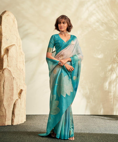 Pujia Mills WomenS Leaf Zari Woven Design With Ombre Print Silk Saree With Unstitched Blouse