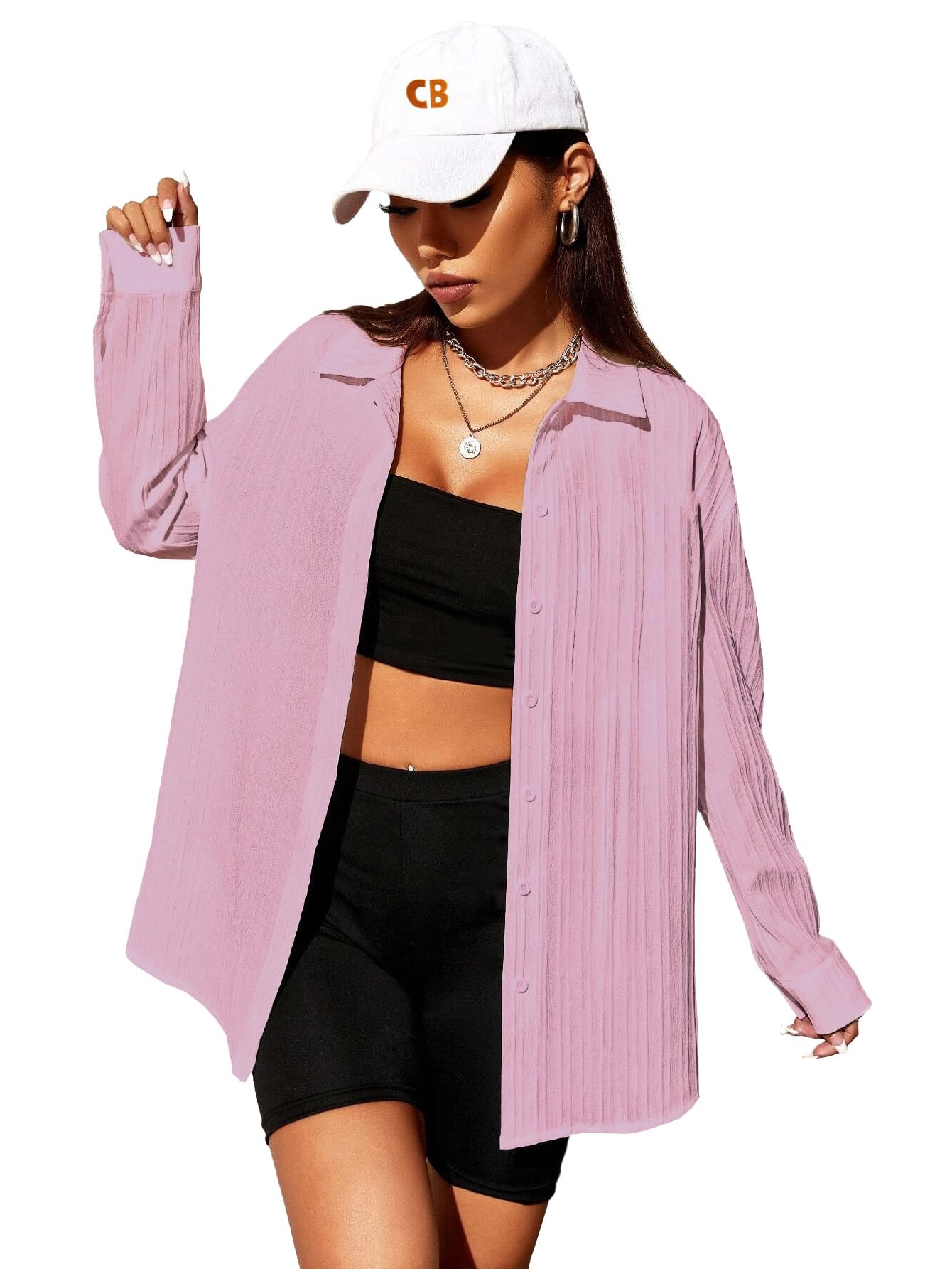 CB-COLEBROOK Womens Textured Loose Fit Button Down Shirt (WO-1035_Mauve