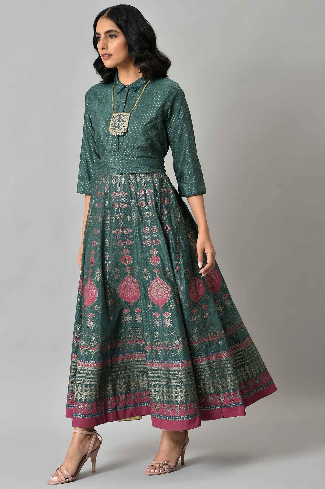 W For Woman Green Synthetic Foil Maxi Dress With Metallic Embroidery