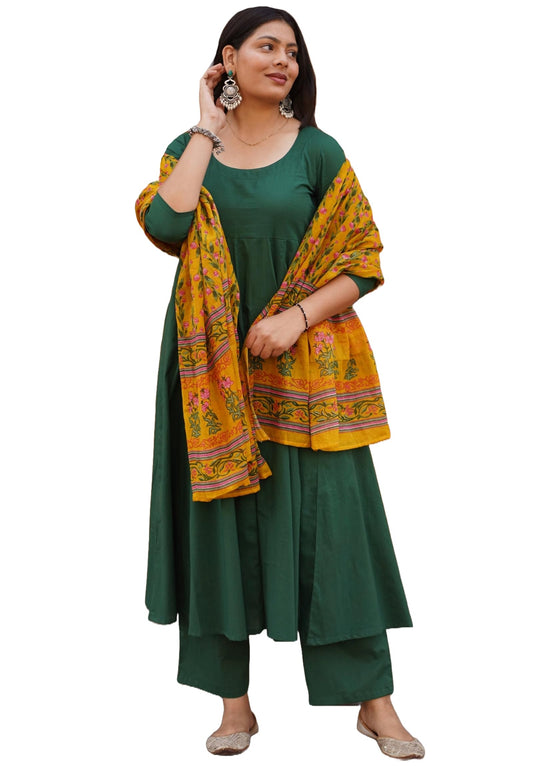 ANNI DESIGNER Womens Rayon Viscose Anarkali Solid Kurta with Palazzo and Dupatta (KADRU Green_XXL_Green_XX-Large)