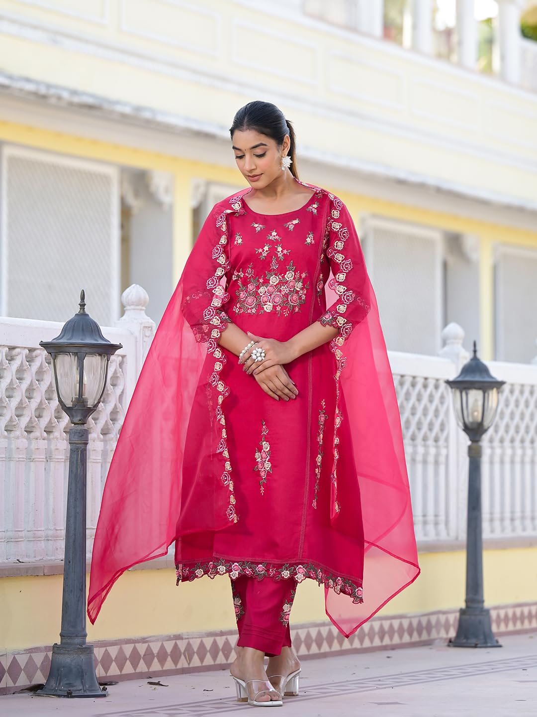 Varanga Women Fuchsia Pink Embroidered Scallop Detail Kurta Paired With Bottom And Dupatta