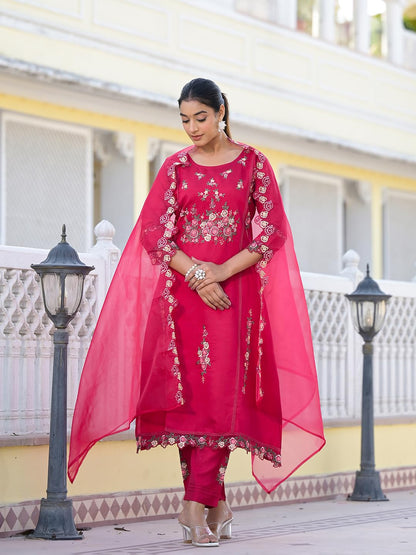 Varanga Women Fuchsia Pink Embroidered Scallop Detail Kurta Paired With Bottom And Dupatta