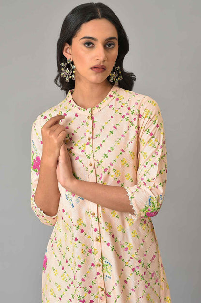 W Light Orange Floral Printed Straight Long Lace Kurta For Women