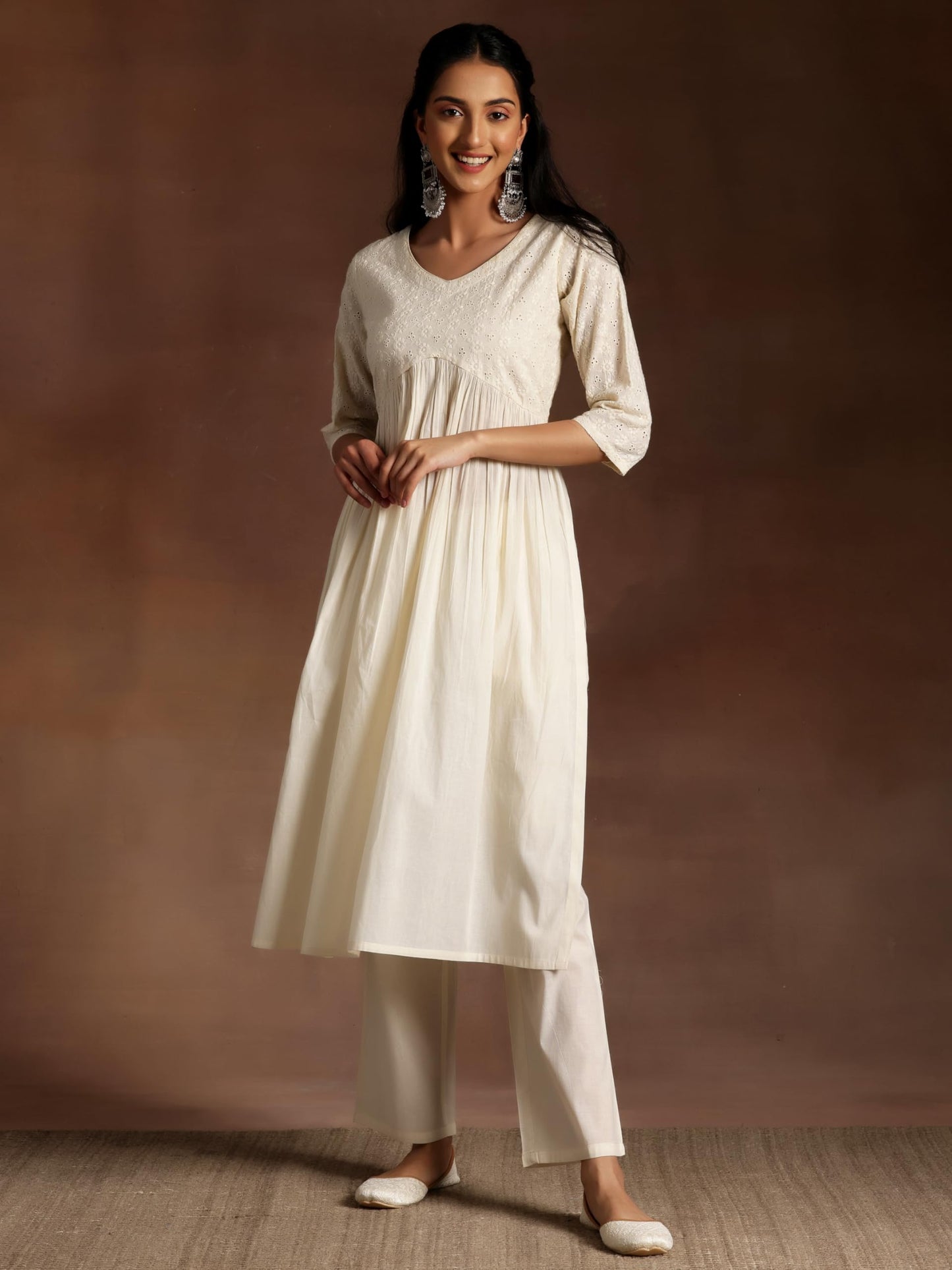 Libas Womens Cotton Embroidered Regular Fit Kurta Set (35214_Off White