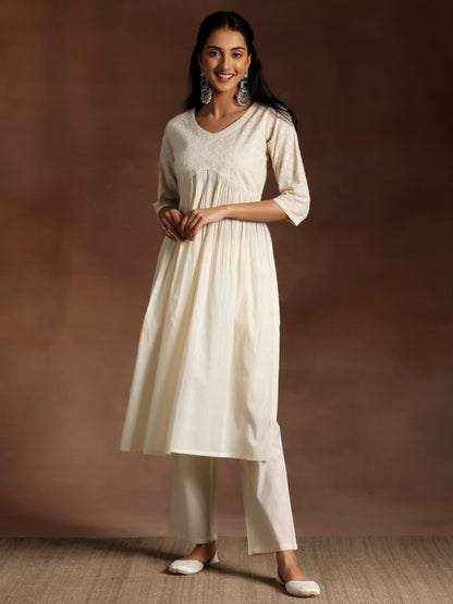 Libas Womens Cotton Embroidered Regular Fit Kurta Set (35214_Off White