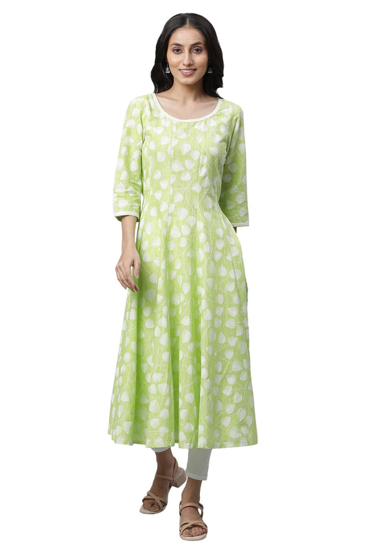 Aurelia WomenS Green Leaf Print Cotton Anarkali Kurta