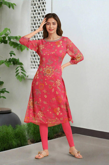 W For Woman Chiffon Printed Kurta With Multi-Coloured Floral Embroidery