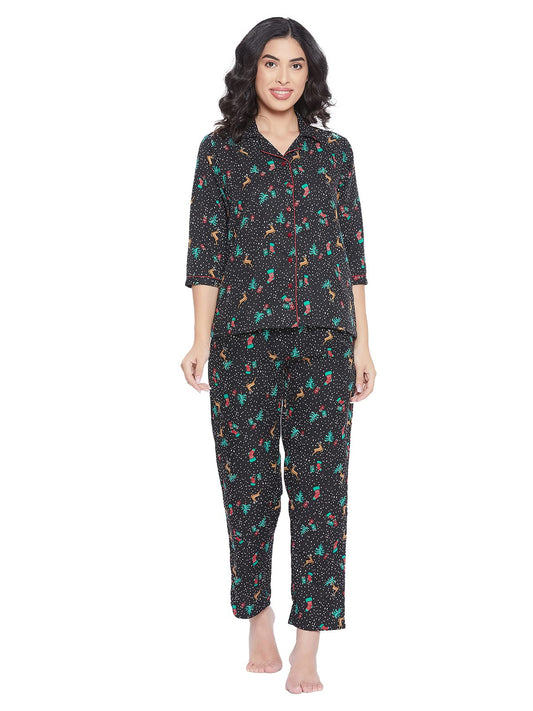 Clovia WomenS Rayon Christmas Print Button Me Up Shirt & Pyjama (Ls0385E19_Multicolor_Xl)