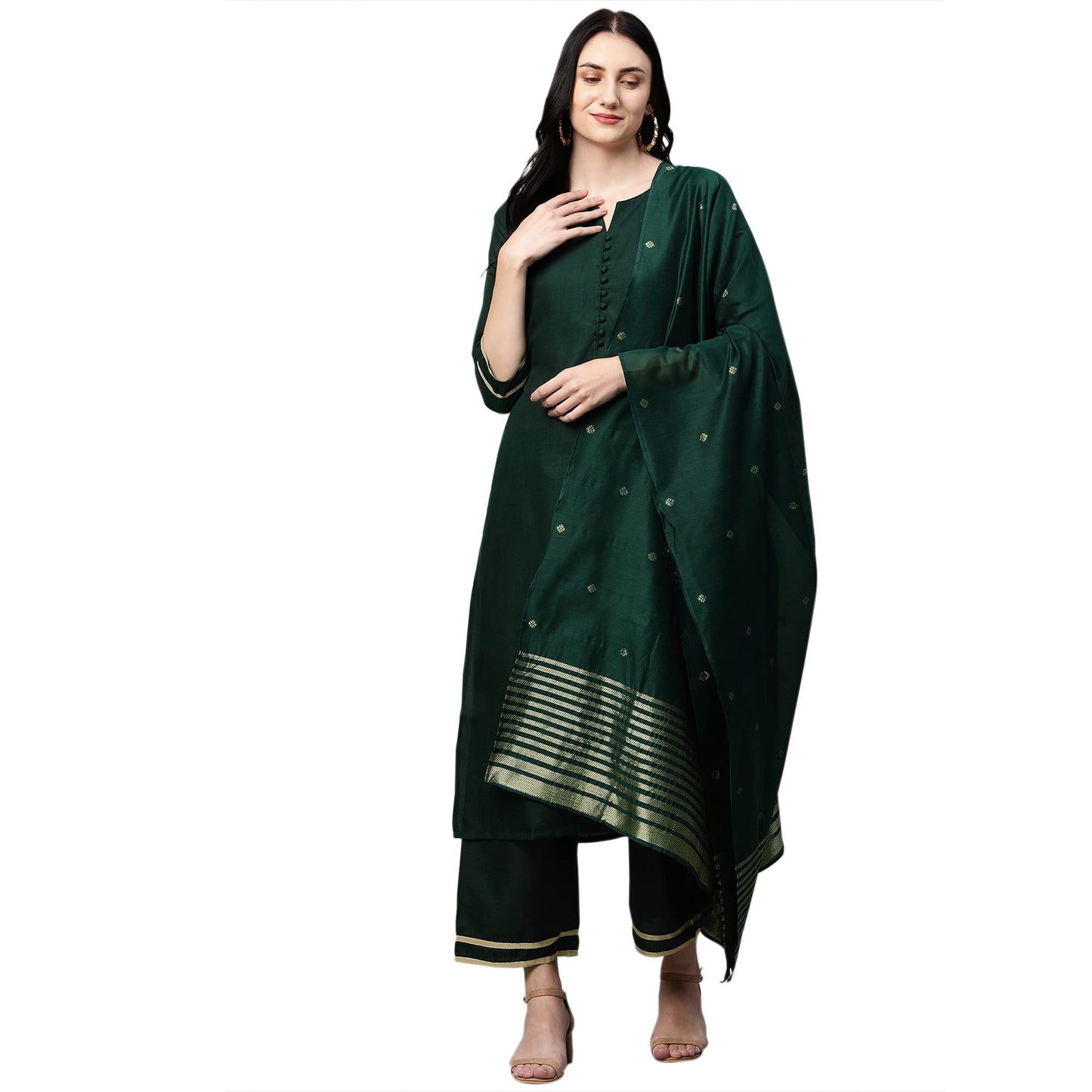 GoSriKi Women's Ruby Cotton Kurta with Palazzo & Dupatta