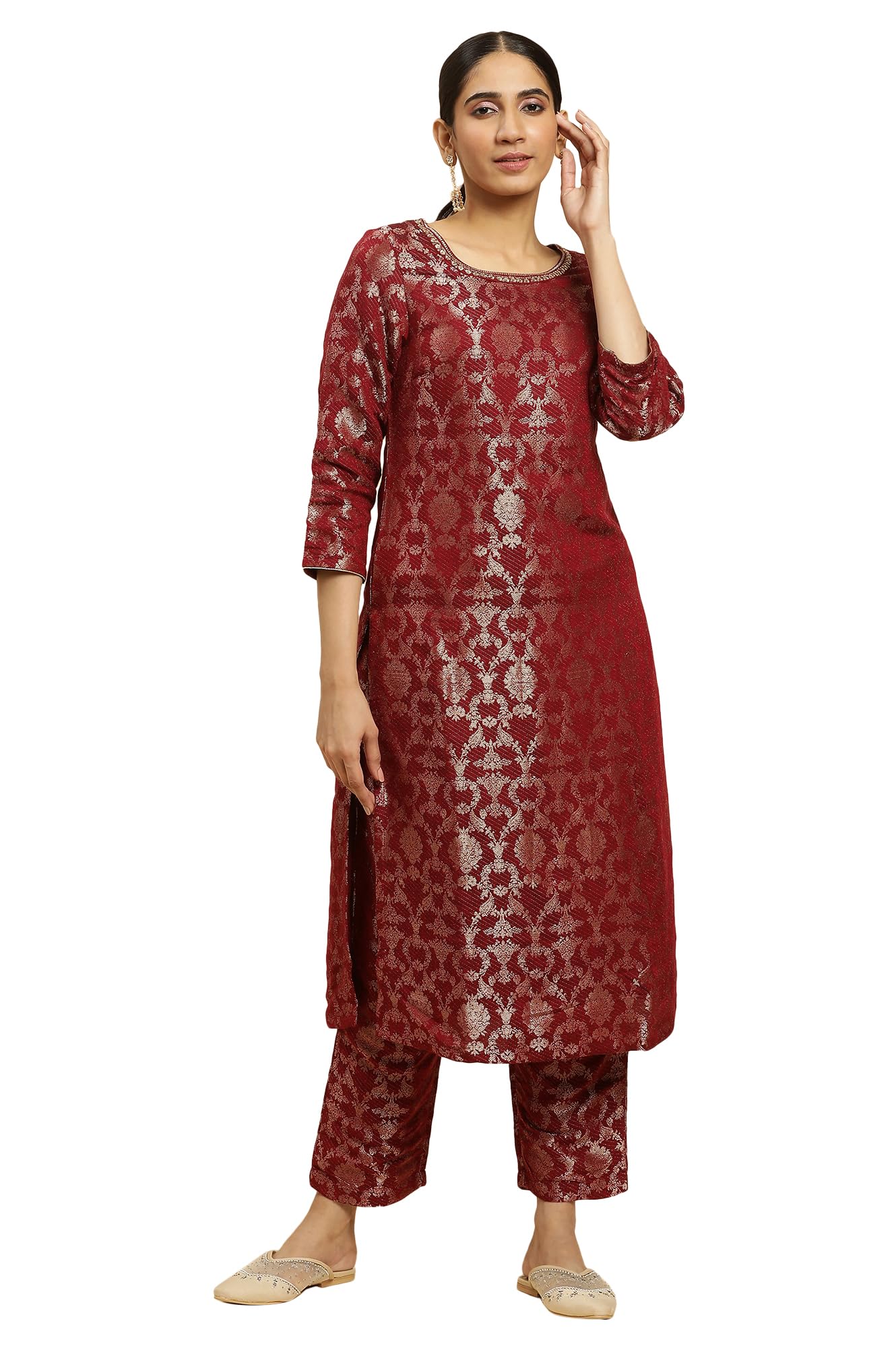 W WomenS Red Floral Printed Jacquard Kurta And Pant Set With Metallic Embroidery