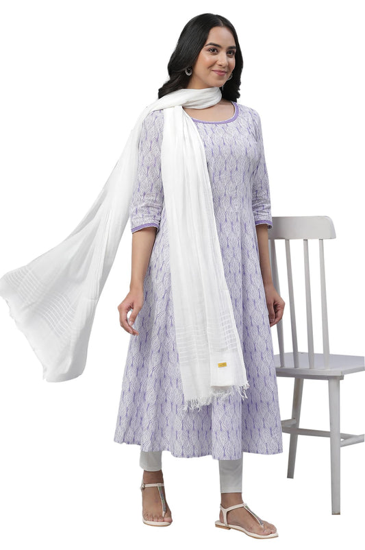 Aurelia Purple Leaf Print Cotton Anarkali Kurta For Women