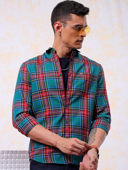 The Indian Garage Co Men Green Slim Fit Checkered Casual Shirt