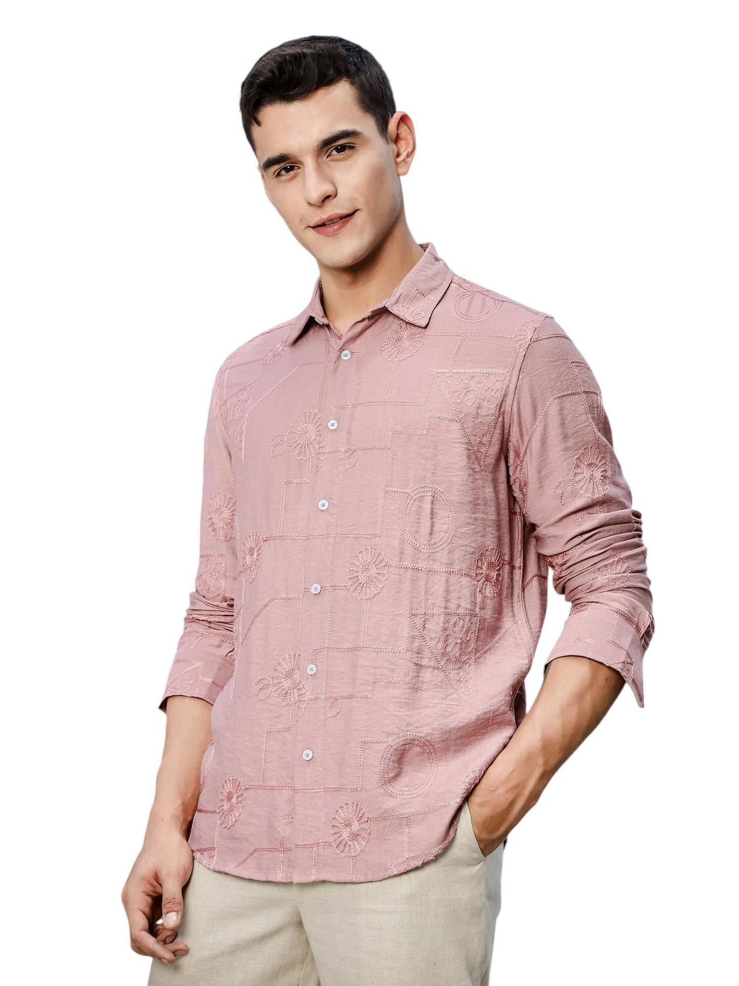 Thomas Scott Self Printed Embriodired Casual Shirt for Men Pink