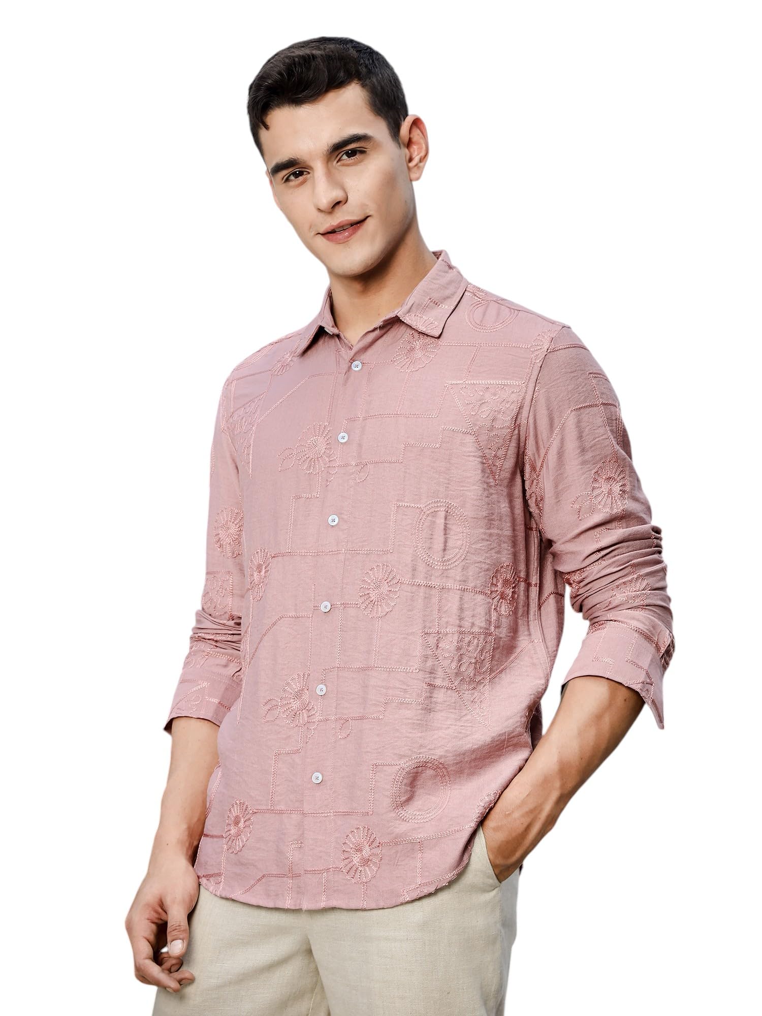 Thomas Scott Self Printed Embriodired Casual Shirt for Men Pink