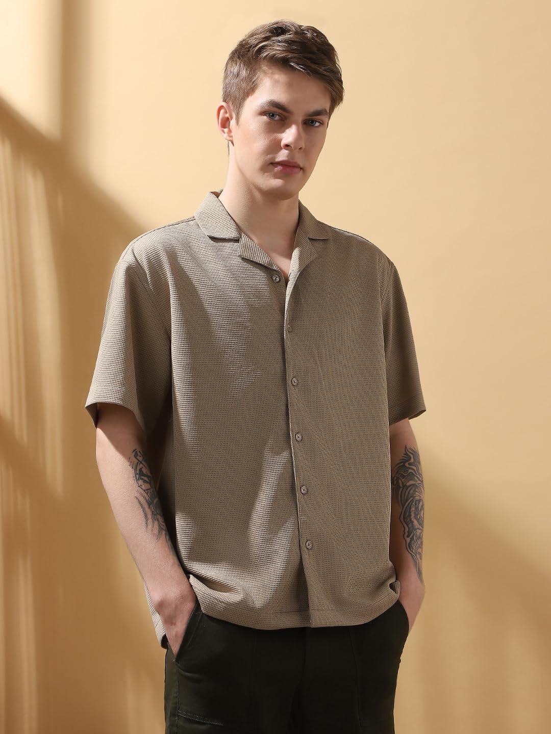 Dennis Lingo Men Relaxed Fit Beige Half Sleeves Polyester Casual Shirt